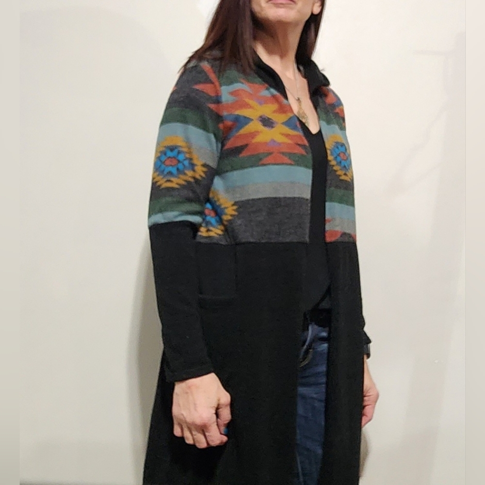 7th Ray Aztec print long duster, cardigan with hood